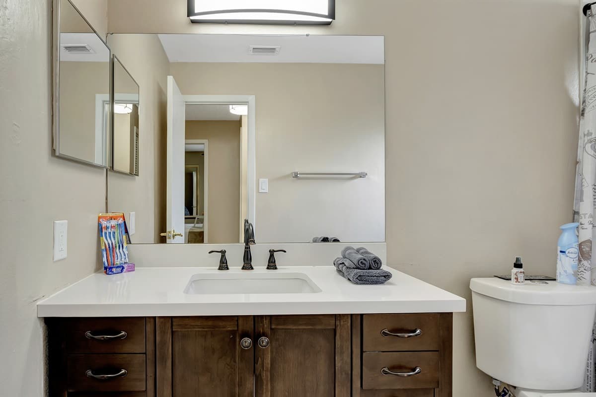 The beautiful vanity invites you to prepare for the day in style.