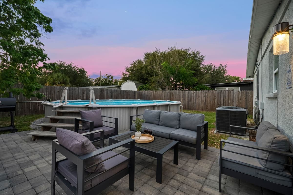 The soft glow of sunset makes this outdoor space perfect for relaxing evenings.