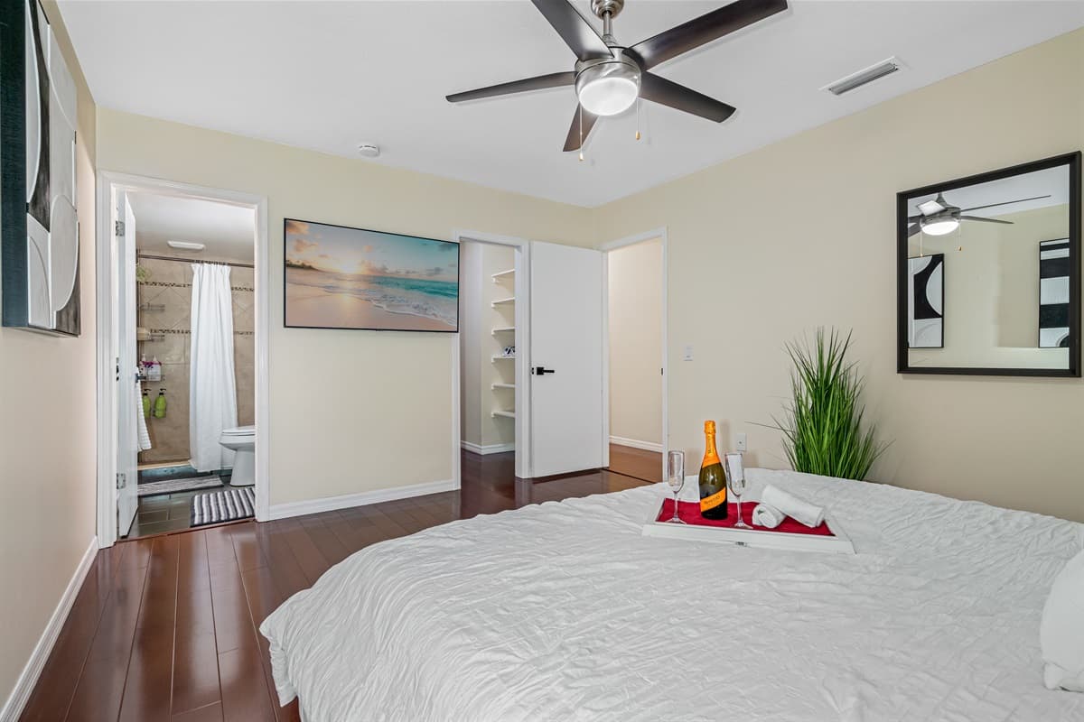 The closet is beautifully lit, making it easy to see all your belongings.