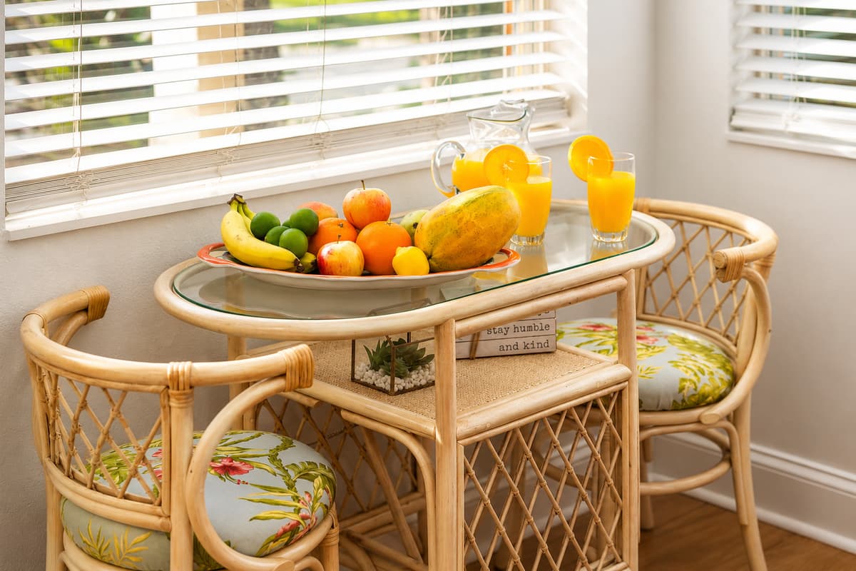 Start your day with breakfast or enjoy a casual meal at the charming dining table beside large windows overlooking the tropical surroundings.