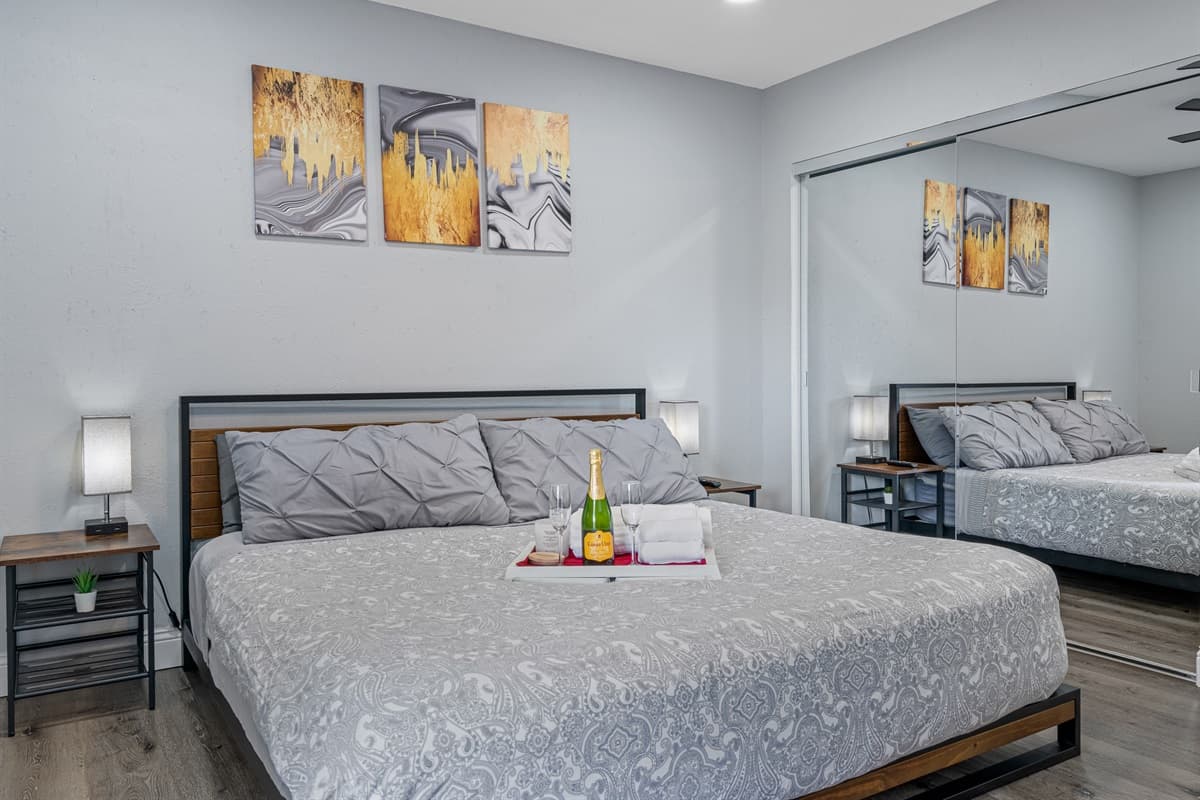 The beautiful room has a king-size bed, cabinets, closet, and its own TV. Who wouldn't want a comfortable room to rest in after a long day at swimming? If you like what you see so far, send us a message as soon as possible!