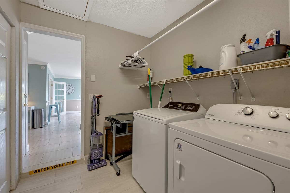 Our fully equipped laundry space includes a washer and dryer, along with all the necessary laundry essentials.