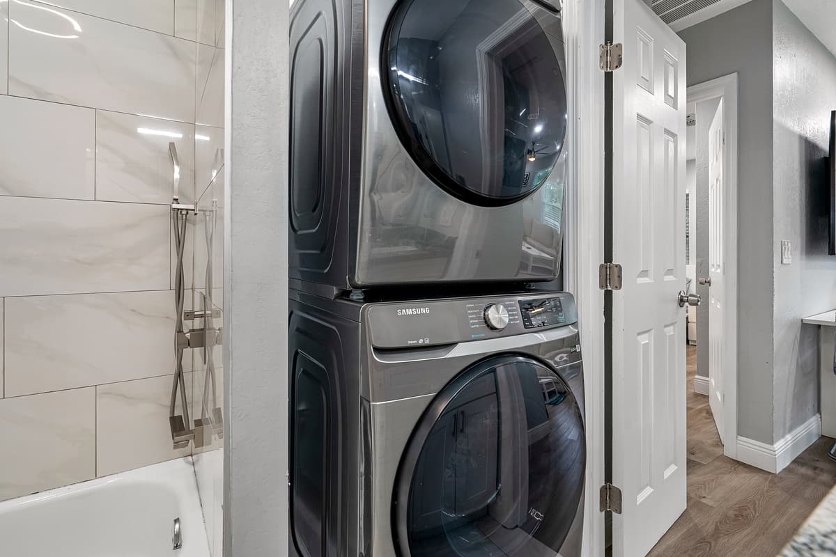 Never worry about running out of clothes or bringing home soiled clothes after your trip. We have a full sized washer and dryers ready for you to use! Book this property now!