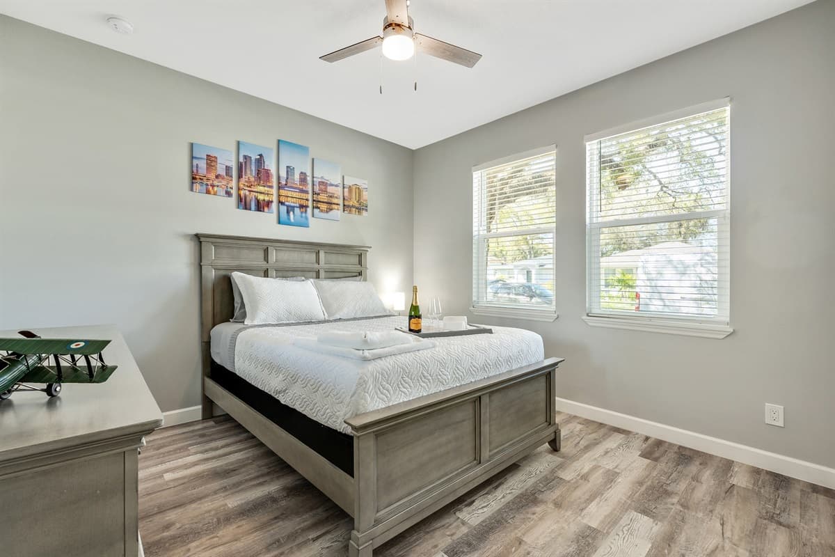 At the heart of this inviting space lies a sumptuous king-size bed, beckoning you to sink into its plush embrace and drift off into a restful slumber.