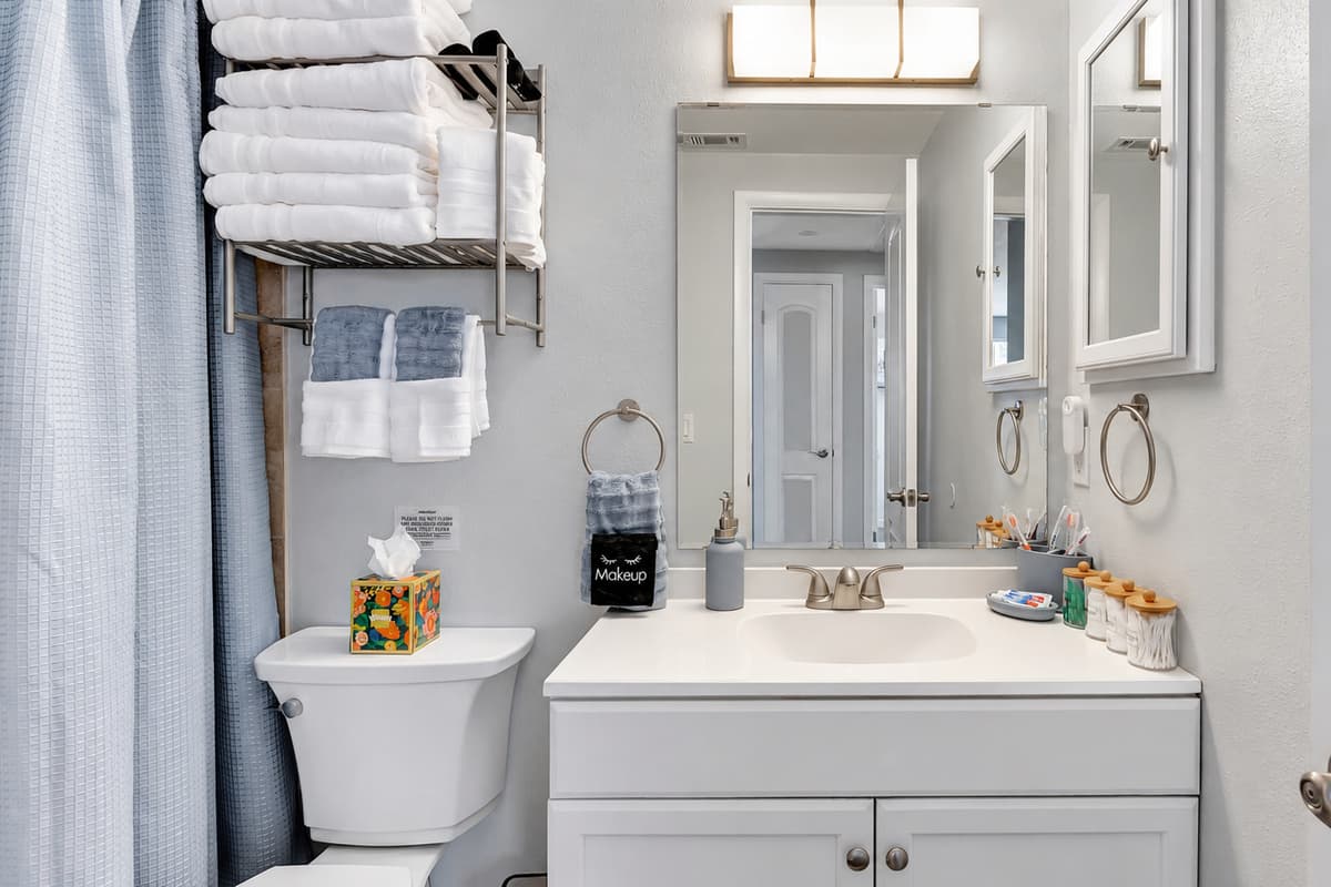 Our stylish bathroom, complete with a spacious walk-in shower, a sleek toilet, and an elegant vanity.