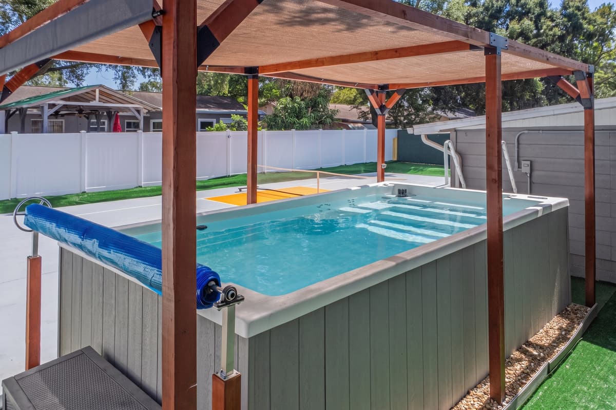 Enjoy a refreshing soak or light swim in the private swim spa, offering comfort and relaxation day or night.