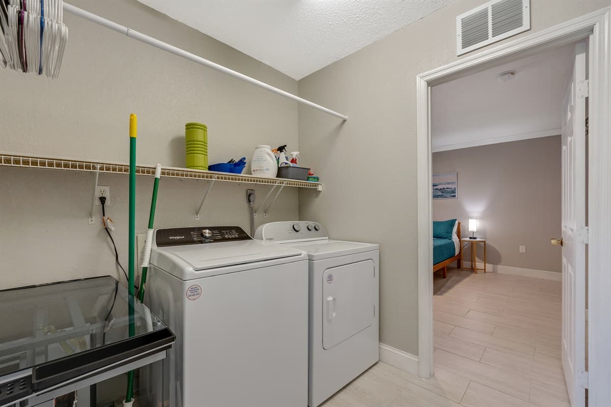 Our fully equipped laundry area, complete with a washer and dryer, comes with all the essential amenities needed for your laundry needs.