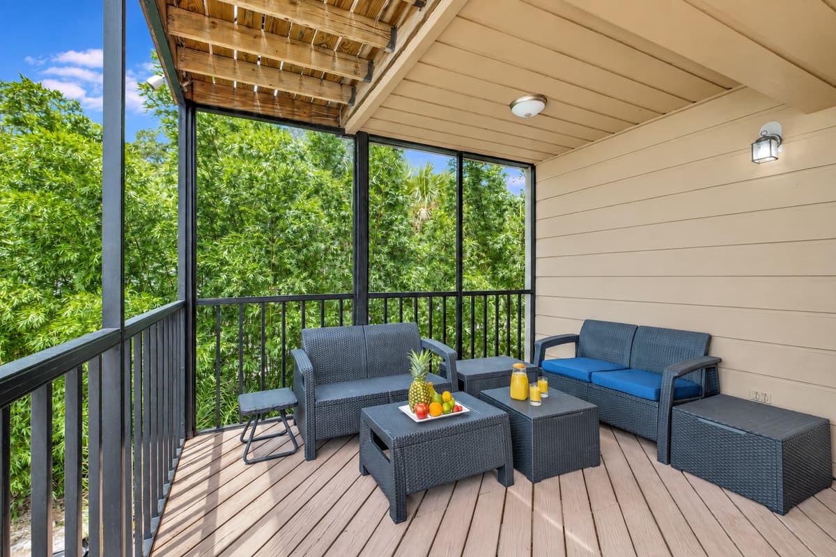 The patio features an array of carefully selected furniture, designed to enhance your outdoor experience.