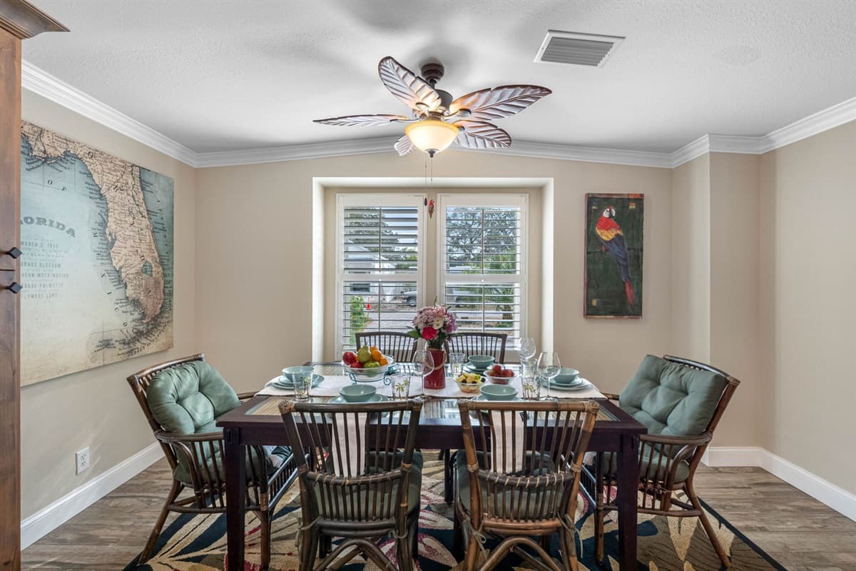The dining table comfortably seats eight, making it ideal for shared breakfasts, dinners, and celebrations.
