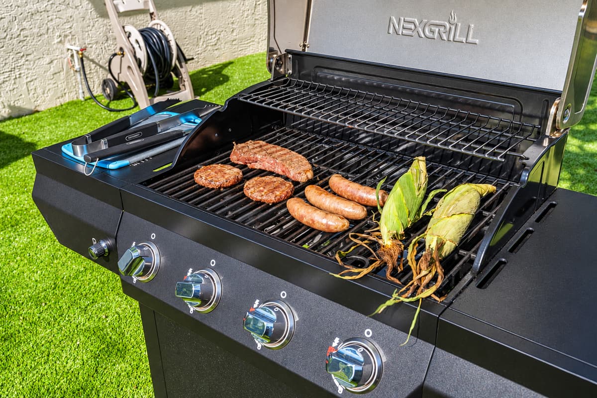 The grill area is spacious, with ample counter space for meal prep and serving.