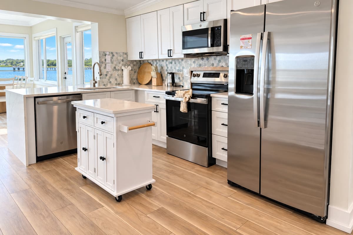 Kitchen with an island, stainless appliances and space to prepare meals.