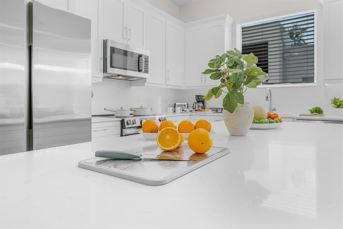 Close-up of kitchen island with fresh accents and ample prep space.