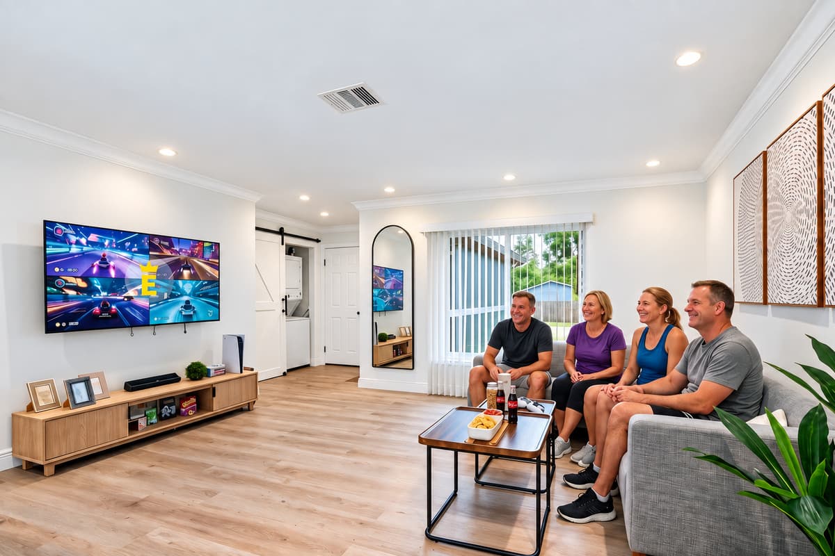 Comfortable living room with a large mounted TV, perfect for movie nights.