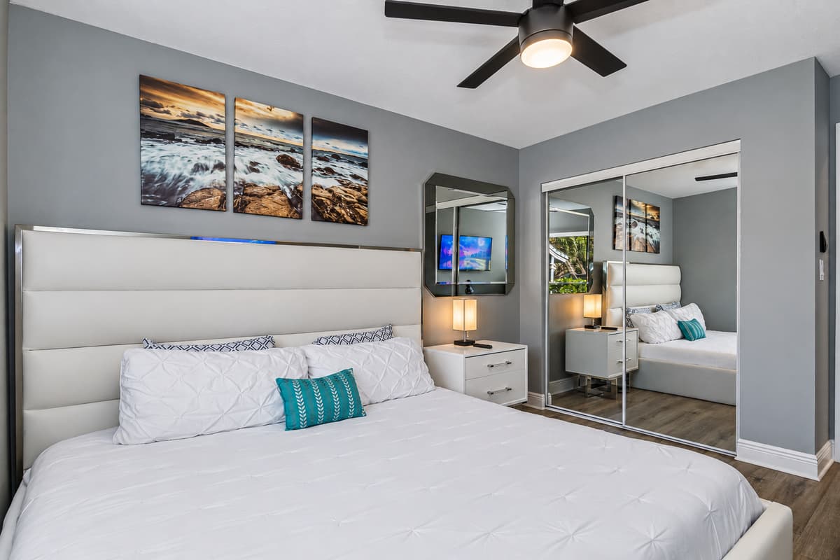 Have a great sleep and feel comfortable in your home while away from home! This elegant bedroom has a king sized bed, full mirror closet and its own TV! If you have any questions regarding this property, send us a message now!