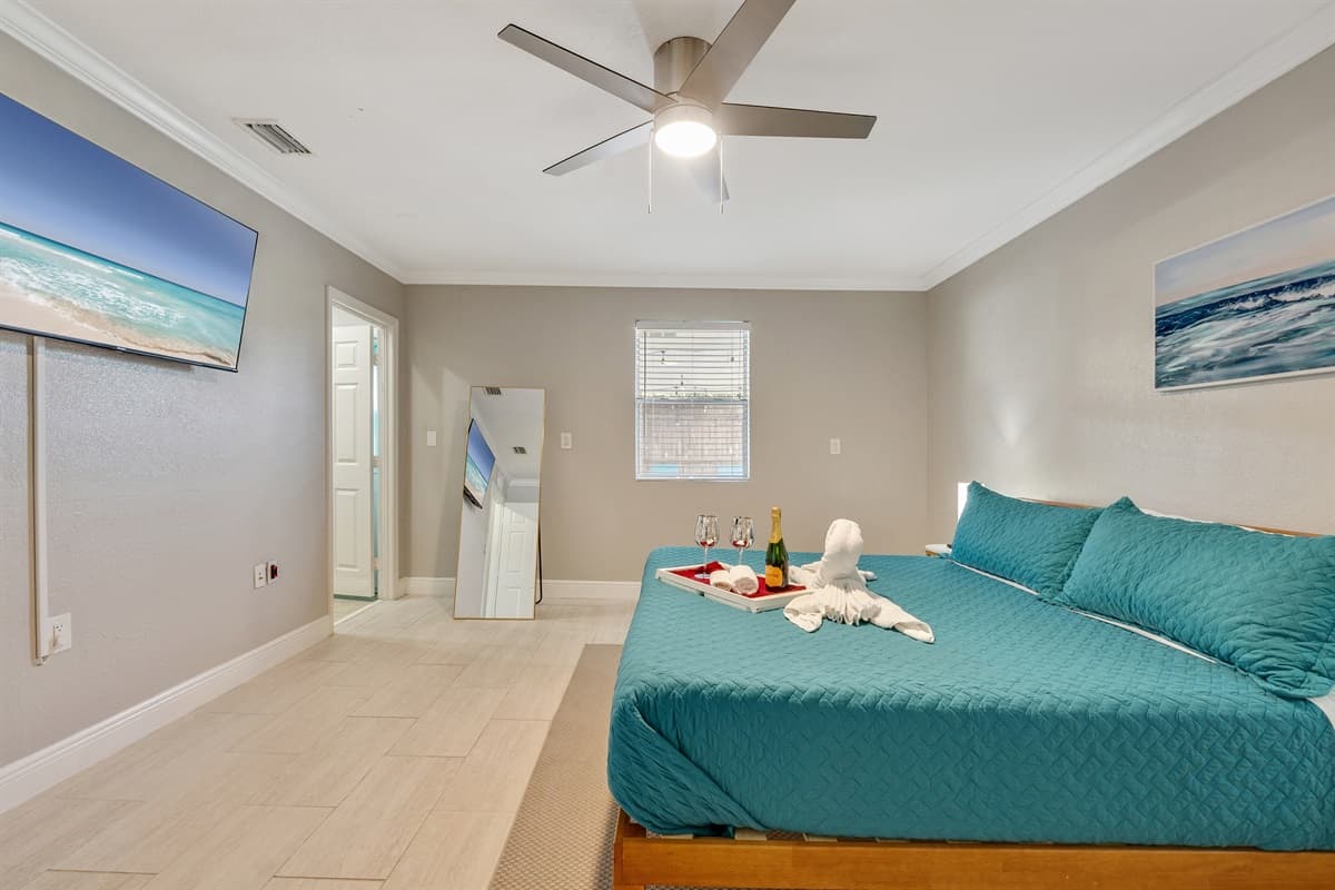 Immerse yourself in the plush tranquility of this generously sized bed.