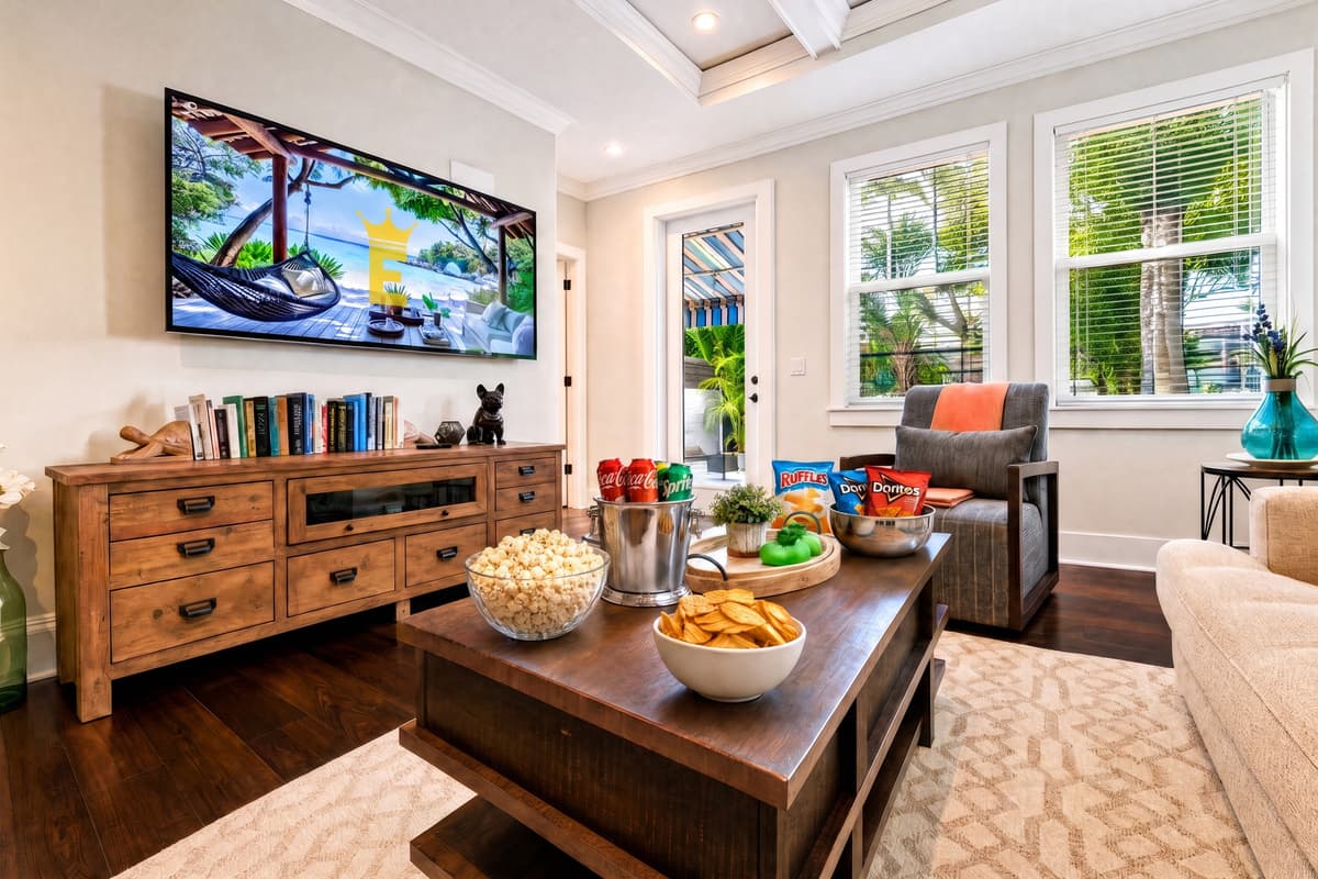 Movie night snacks already on the table, sunlight pouring through the windows, and a big screen ready for your next binge. This is where the group ends up every time.