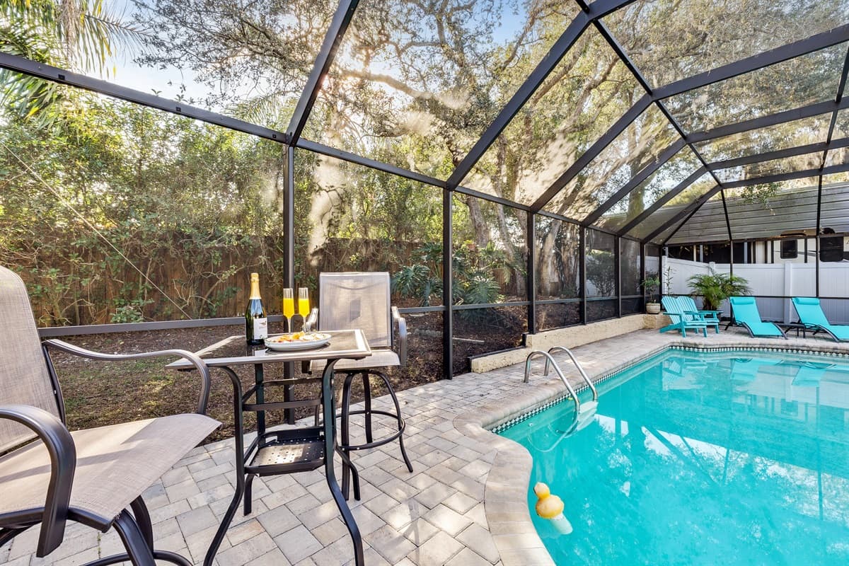 The heated pool assumes an added allure.