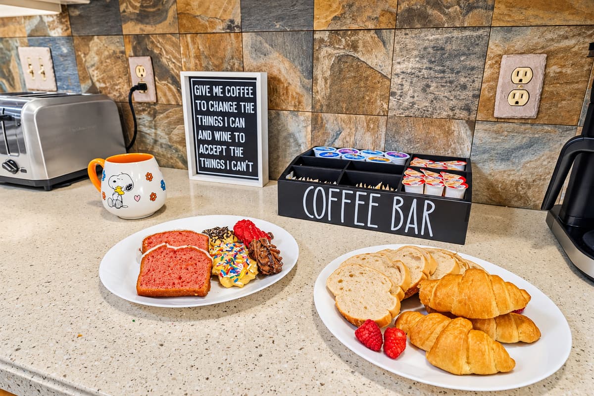 Cozy coffee station setup—perfect for starting your morning ☕
Food and drinks shown are for staging purposes only and are not included.