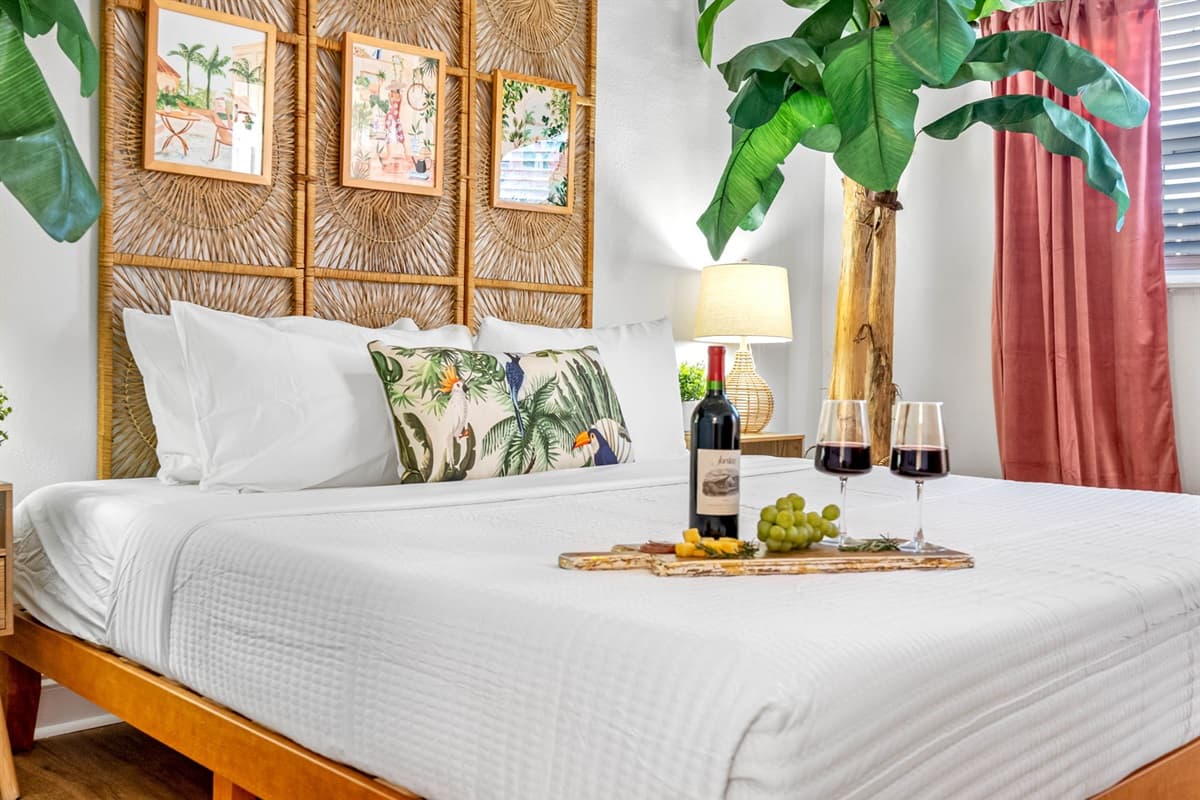 This grand centerpiece of the bedroom exudes luxury, providing ample space to stretch out and relax after a day of exploring or unwinding.