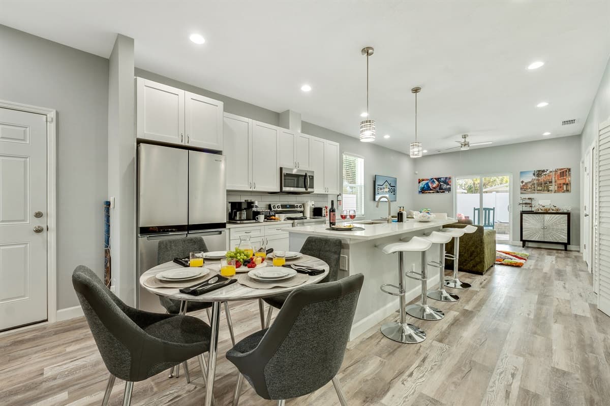 Our dining room boasts modern simplicity with clean lines, contemporary furniture, and a neutral color palette.