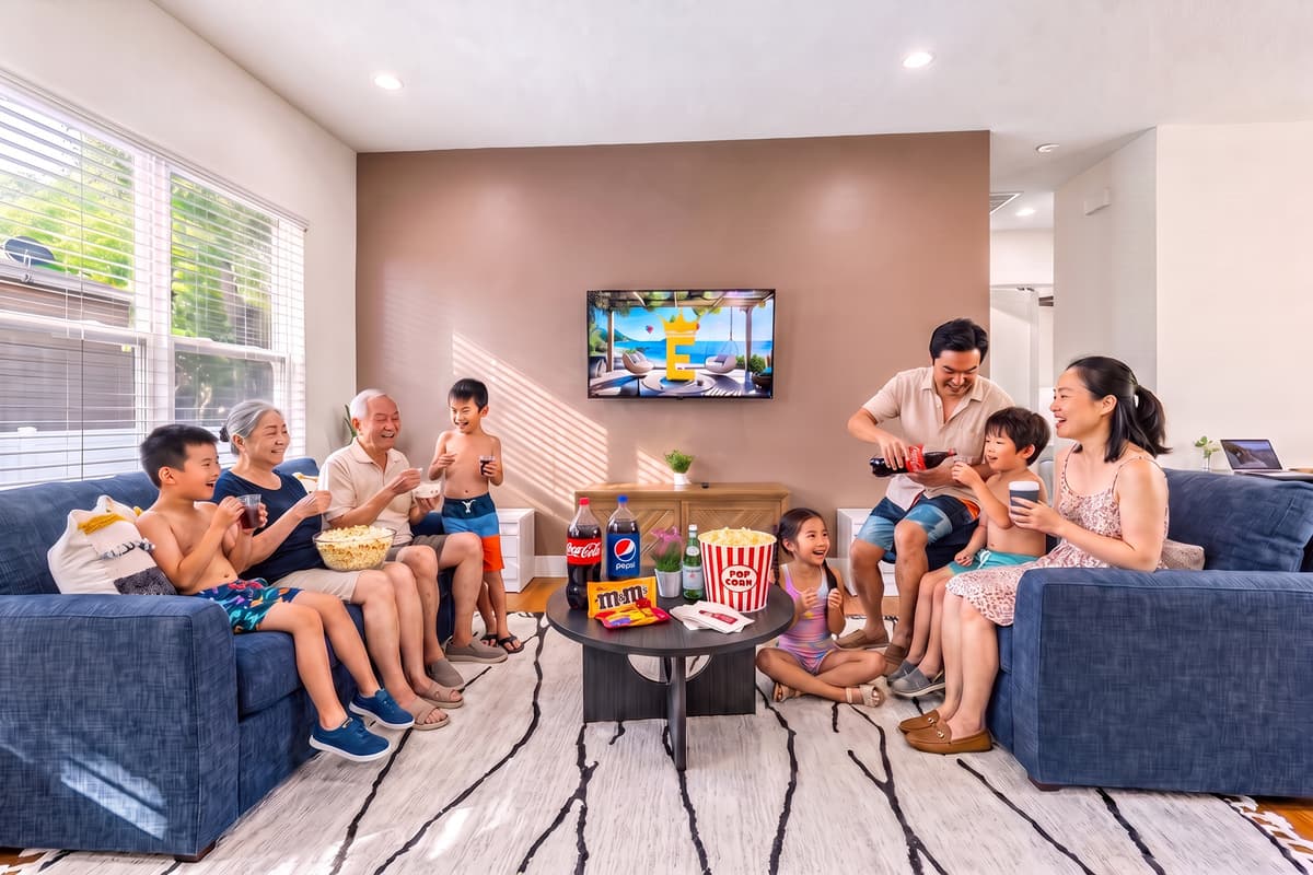 Living space wide enough for three generations, smart TV, and natural light all day long.