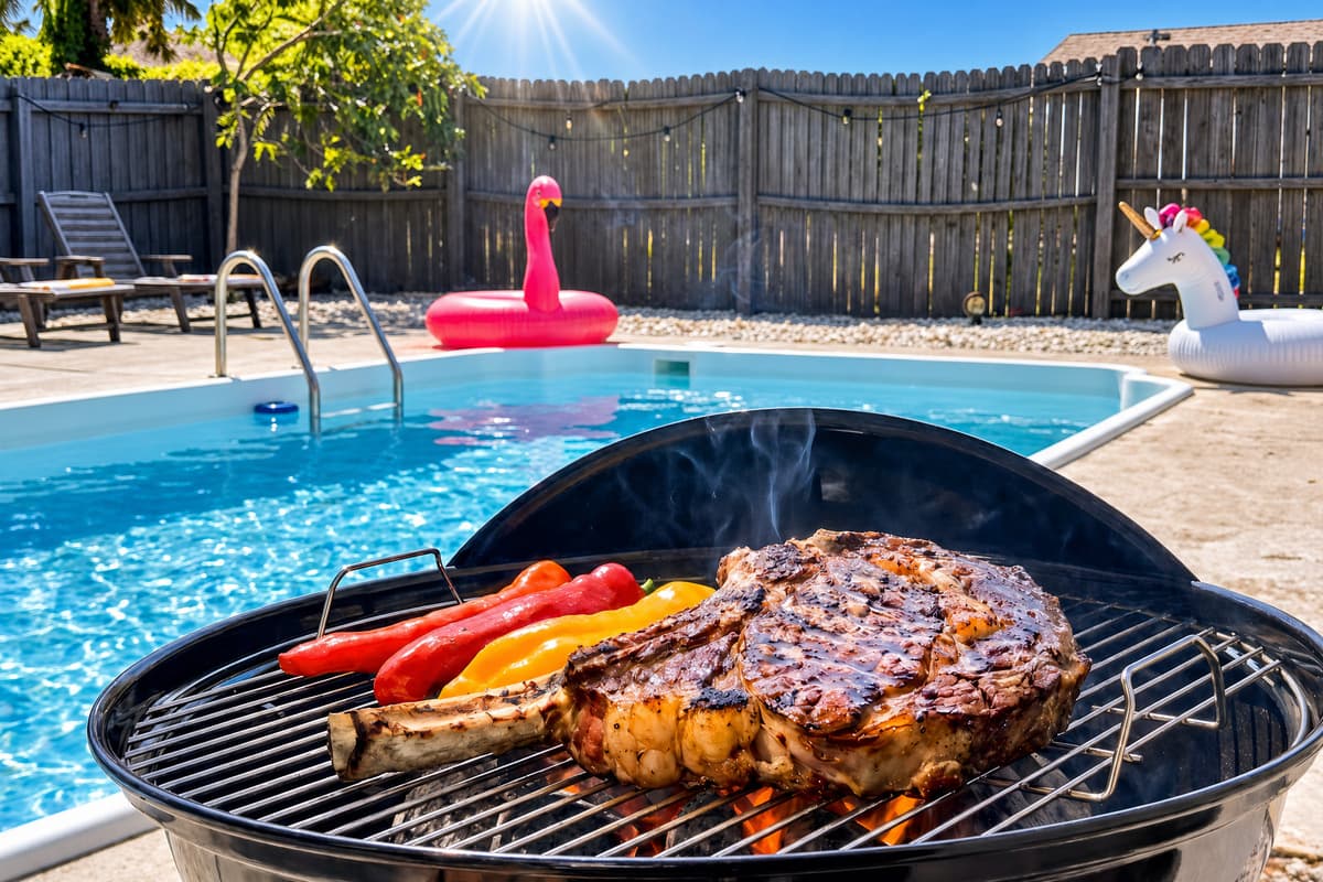 This is where the evenings land: grill going, table set outside, everyone still in swimsuits and nobody in any hurry. Dinner by the pool turns an ordinary Tuesday into the part of the trip they'll talk about later.