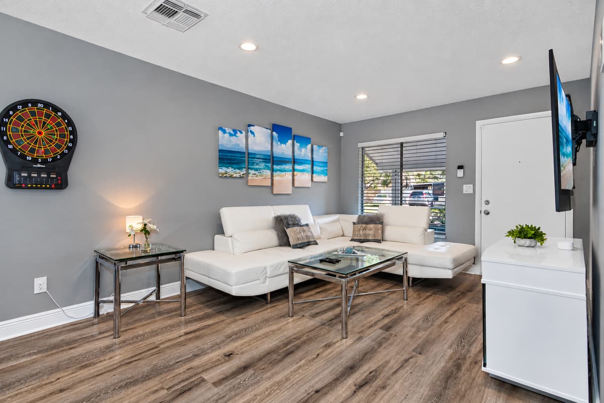 Our large living area with comfortable L-Shaped modern couch will ensure a great and relaxing time for all of our guests. If you have any questions about this property, please send us an inquiry today!