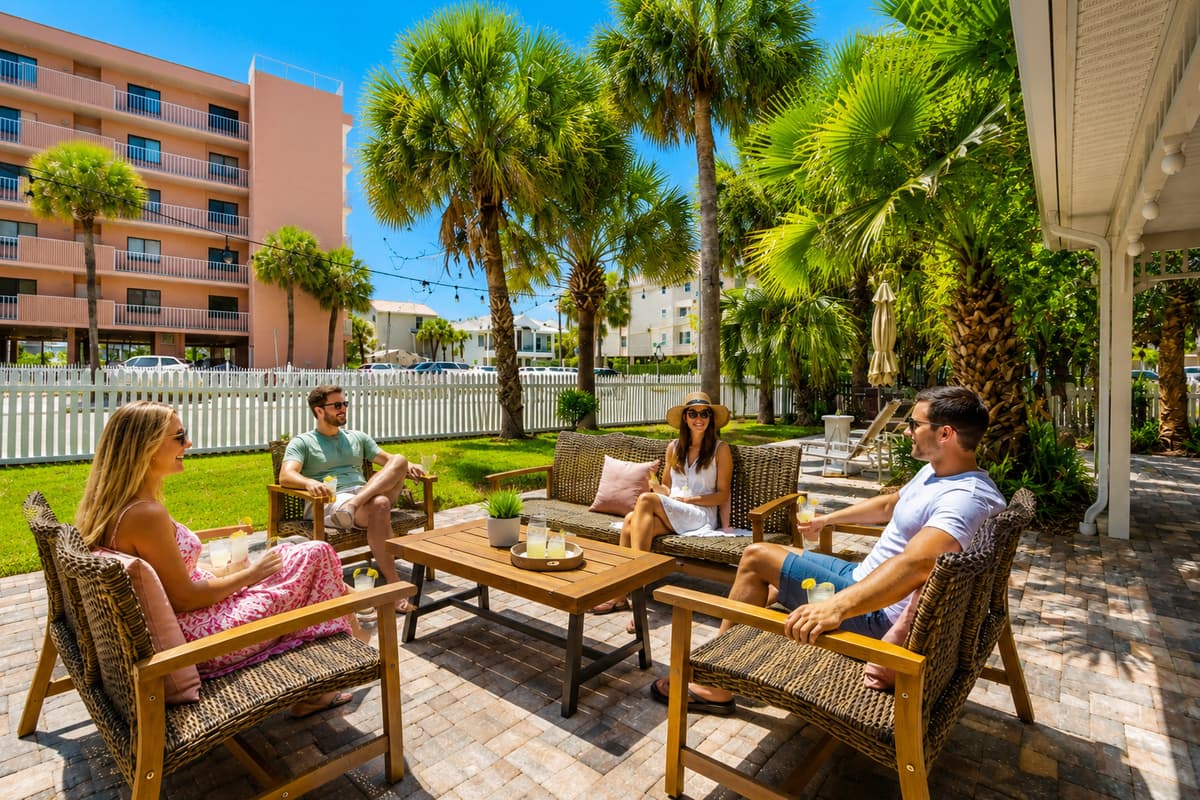 Surrounded by swaying palm trees and lush landscaping, the spacious courtyard offers a peaceful setting just a 5-minute walk from Indian Rocks Beach.