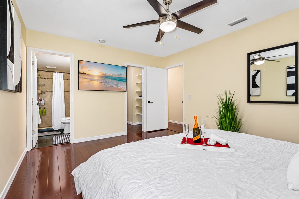 The closet is beautifully lit, making it easy to see all your belongings.