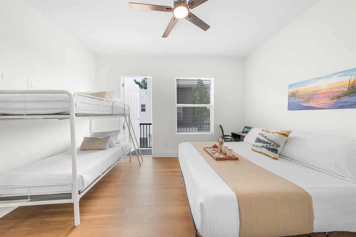 Large bedroom with bunk beds and additional sleeping space—great for groups.