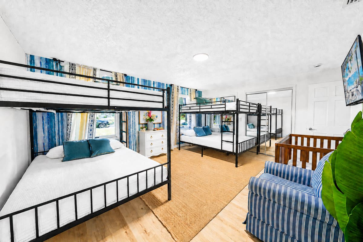 Bunks on both sides and still room to walk down the middle. Six kids, zero complaints.
