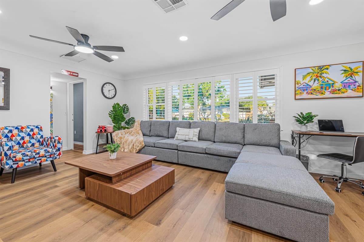 Bright and inviting lounge area with comfortable seating and plenty of natural light 