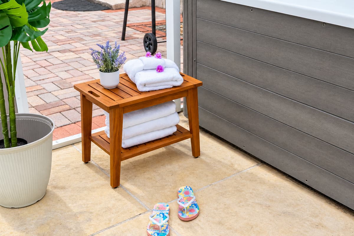 Step outside and soak in the inviting outdoor hot tub, designed for comfort and relaxation.