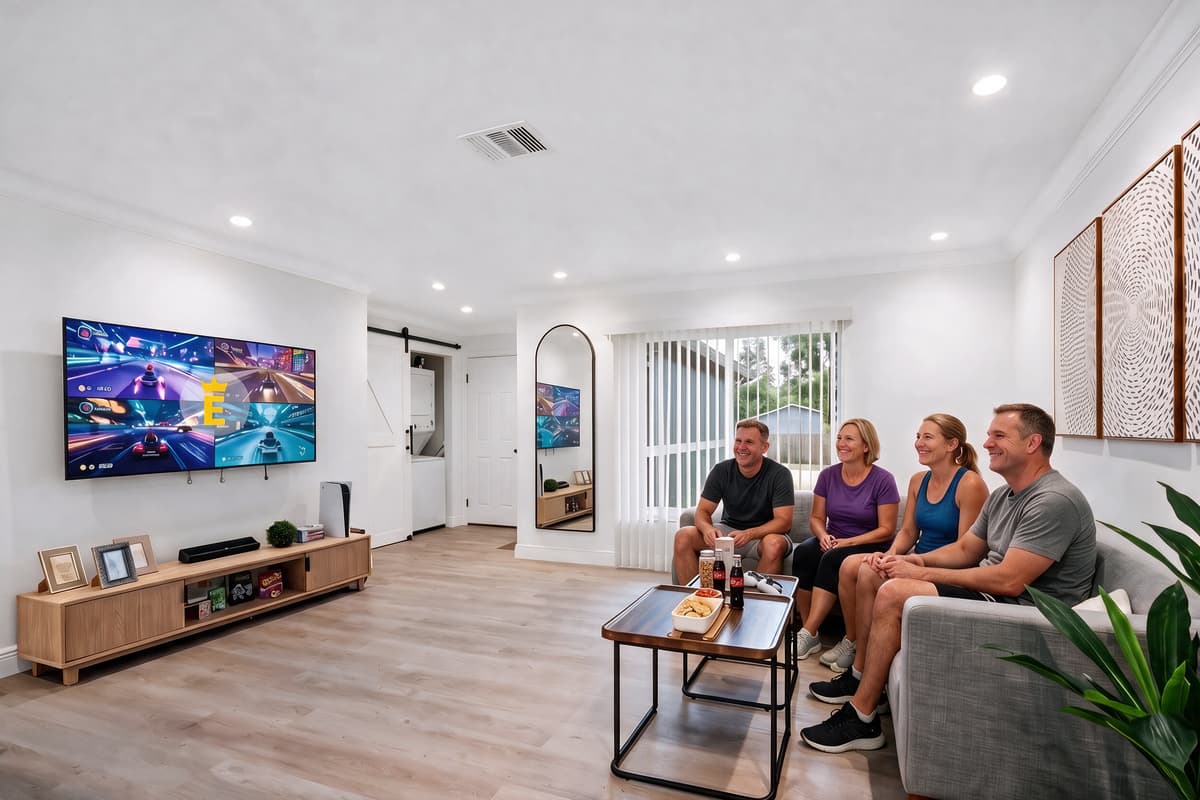 Comfortable living room with a large mounted TV, perfect for movie nights.