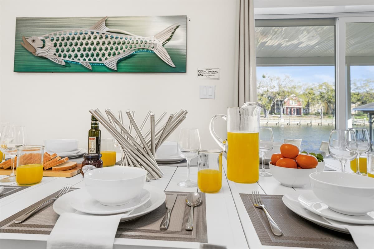 Enjoy waterfront views while dining indoors with easy access to the outdoor patio.