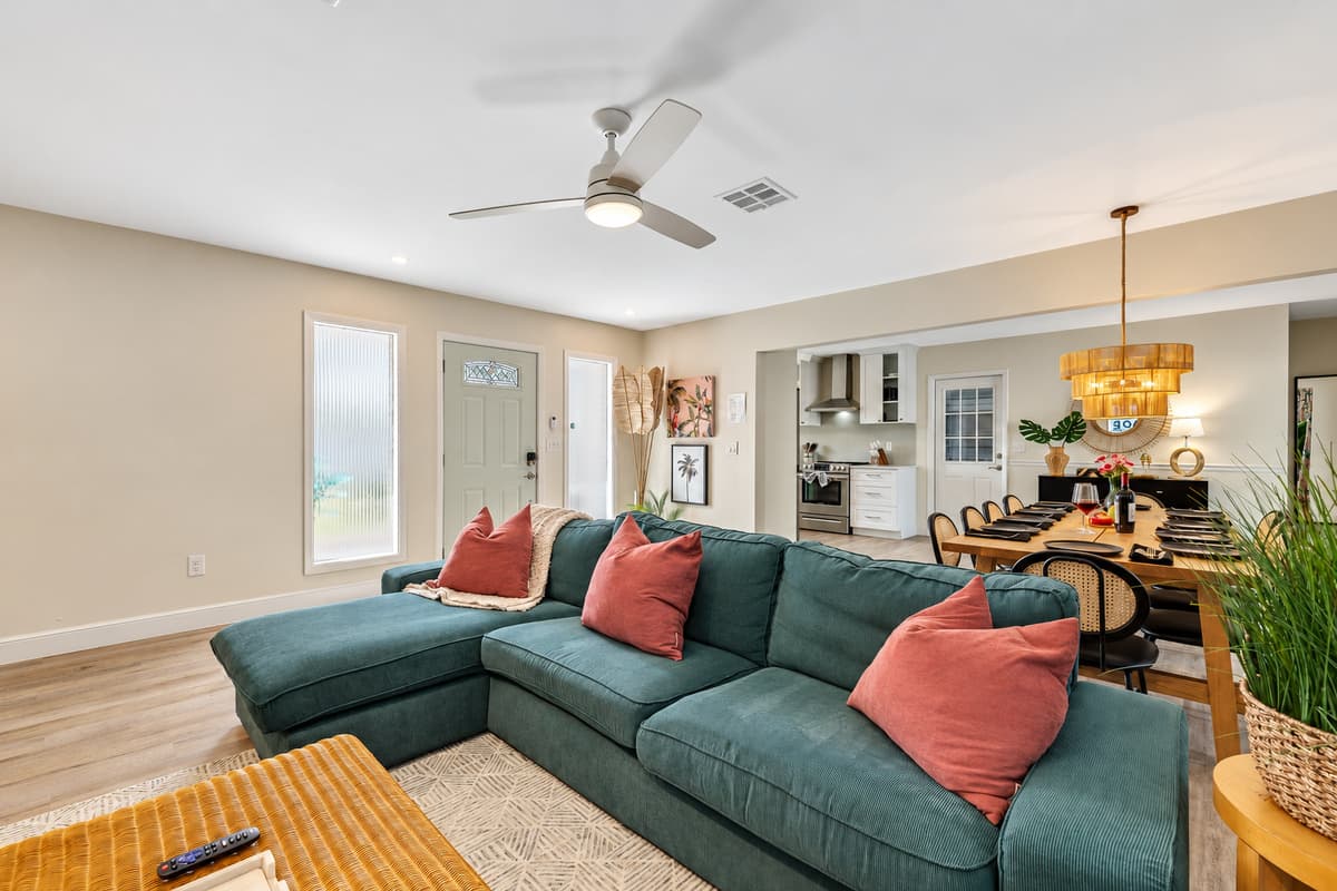 Soft, ambient lighting complements the natural daylight during the day and transforms the living area into a cozy retreat at night.