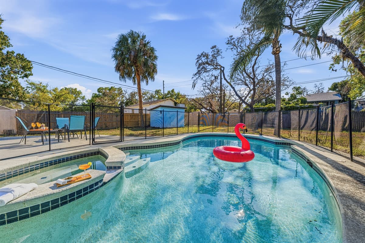 Inviting pool area with float and plenty of space to unwind.