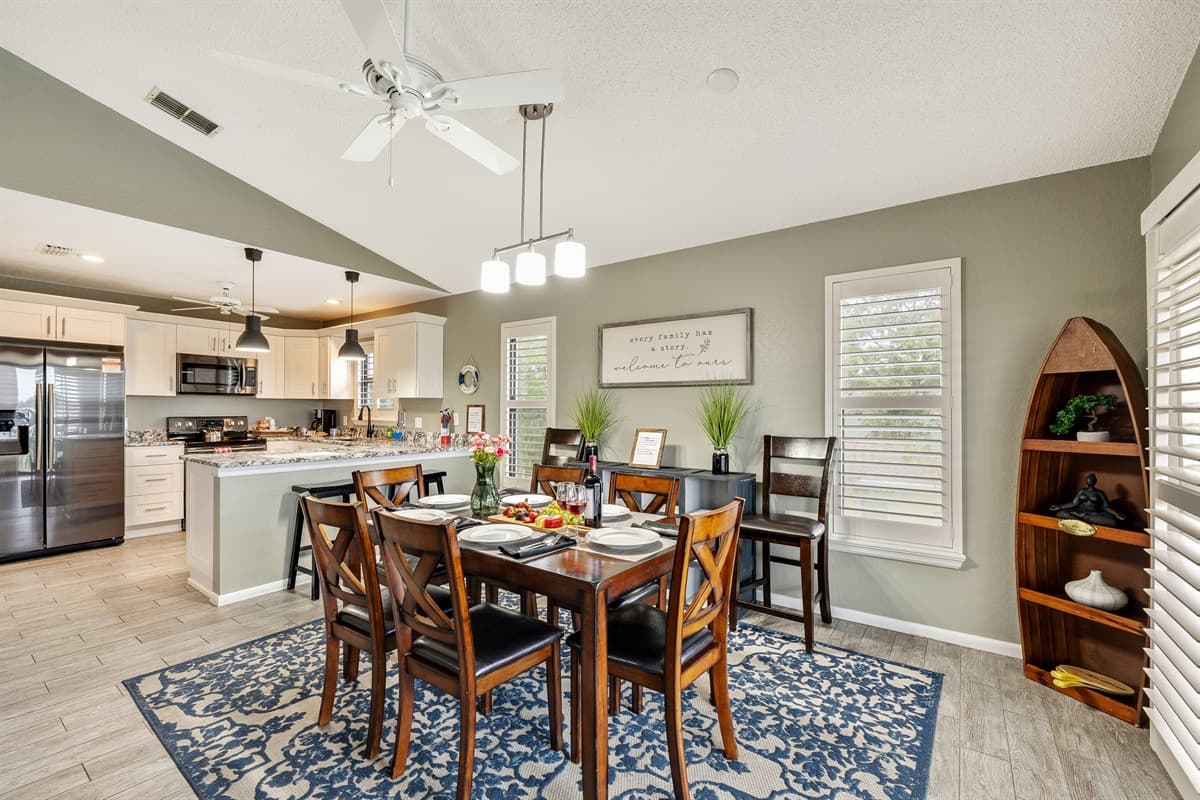 This inviting space is tailor-made for family meals and convivial gatherings with friends.