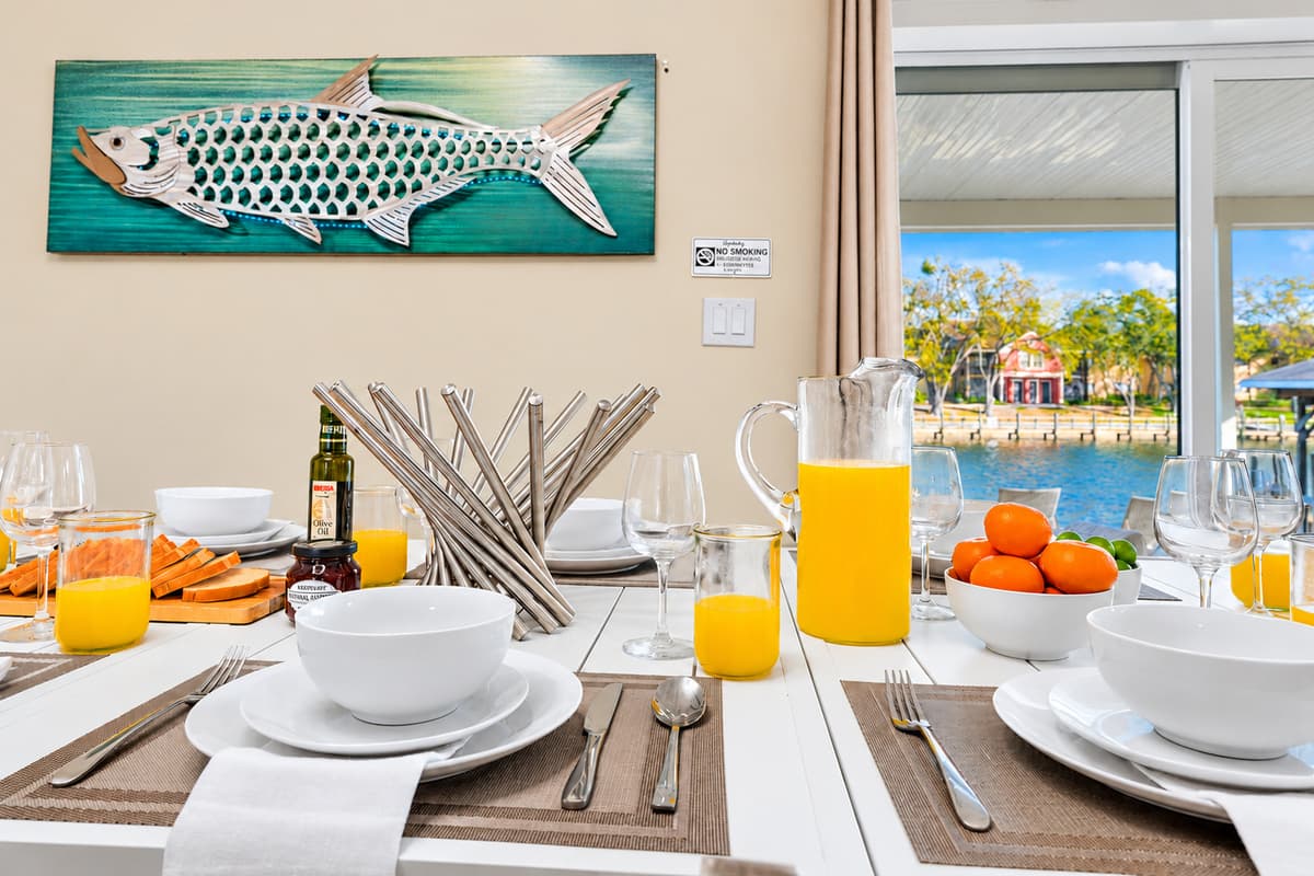 Enjoy waterfront views while dining indoors with easy access to the outdoor patio.