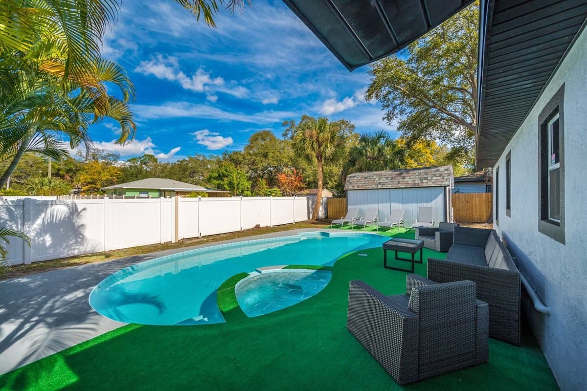 Incredible fully fenced backyard with immaculate heated pool, beautiful trees.
IMPORTANT NOTE: The spa isn’t a traditional hot tub. It has jets, but it’s designed more for relaxing than for a full hot tub or sauna experience.