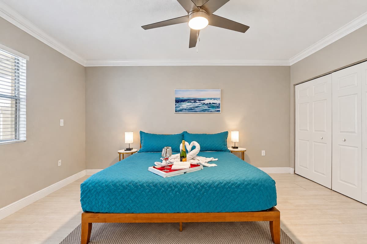 The closet adds a practical touch to the room, allowing you to unpack and settle in comfortably.