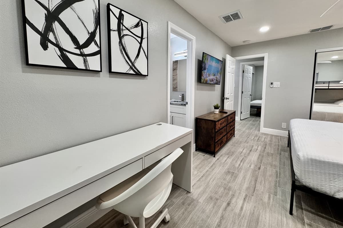The stylish decor features a harmonious blend of modern and timeless elements.