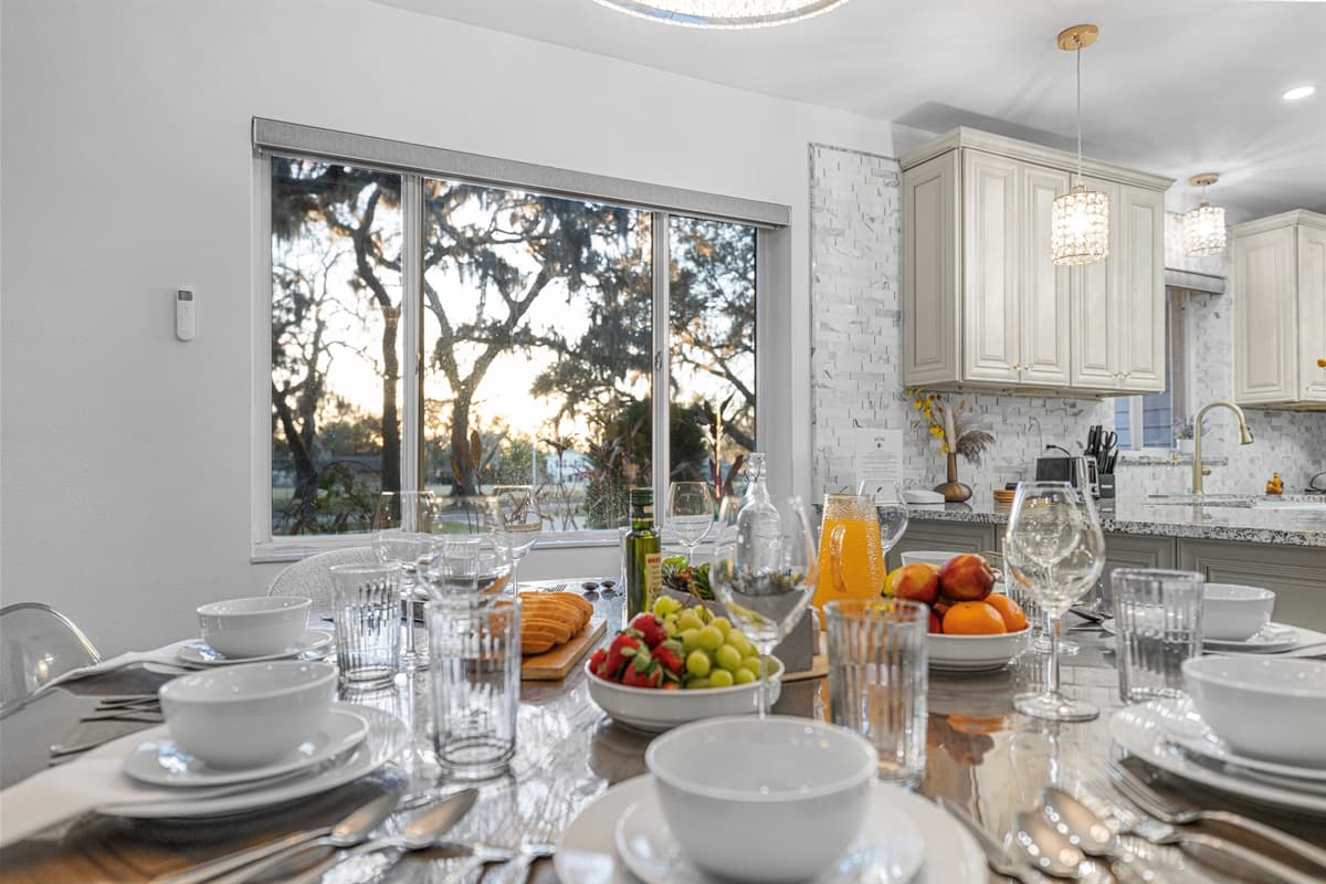 A beautifully appointed dining space that blends modern style with a warm, welcoming ambiance.