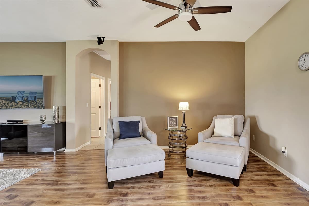 Underfoot, the rich, gorgeous wooden floors add warmth and character to the space.