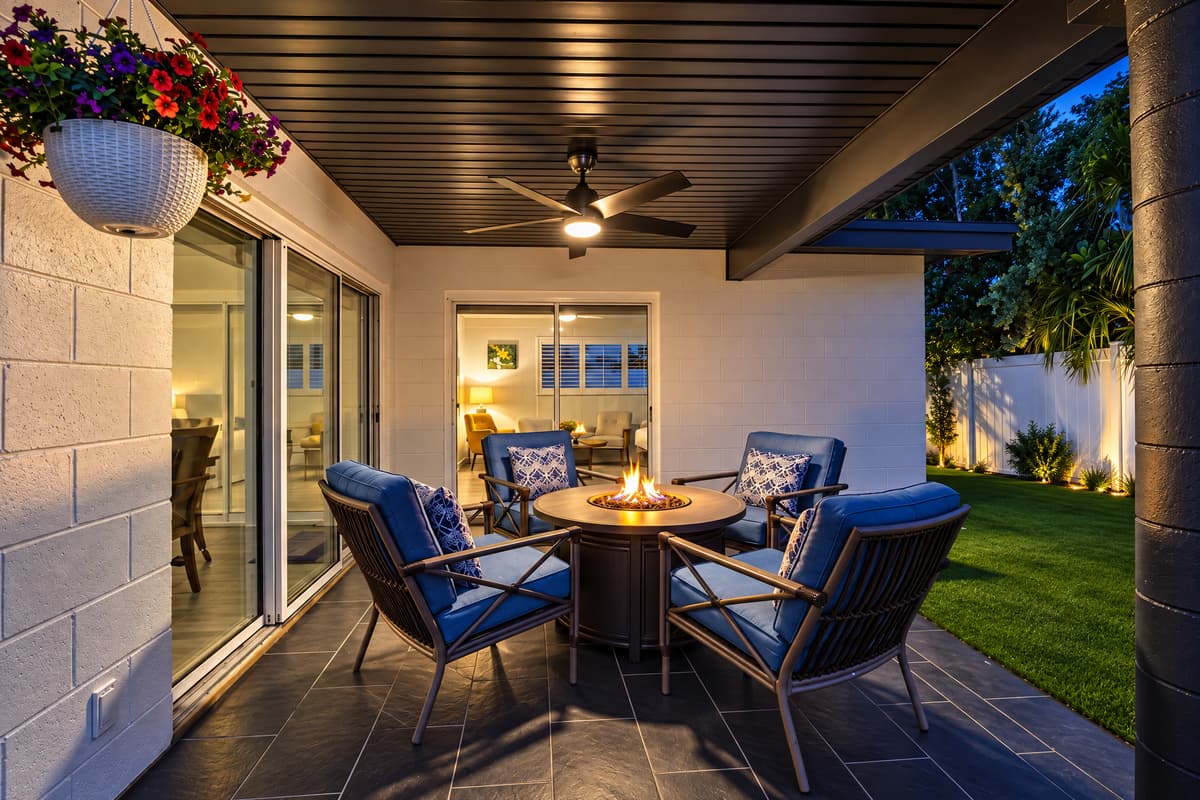 The fire table is lit before the sun goes down. Pull a chair close, listen to the palms, and let the evening stretch. This covered patio is where the group ends every night, drinks in hand and no reason to go back inside.