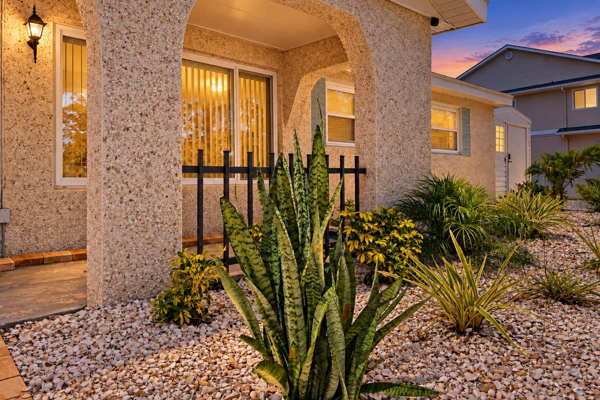 Covered front entrance at dusk.