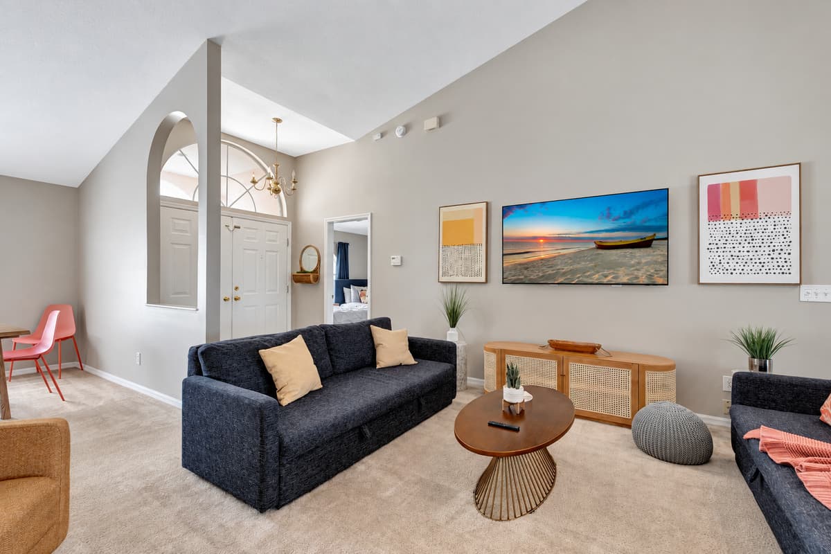 Elevating the artistic allure of the space, carefully curated artworks grace the walls, adding pops of color and visual interest.