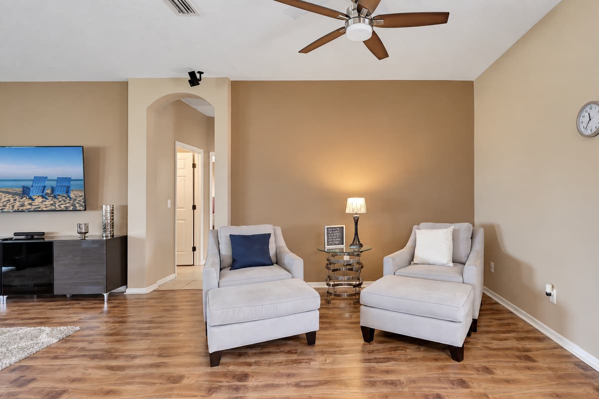 Underfoot, the rich, gorgeous wooden floors add warmth and character to the space.
