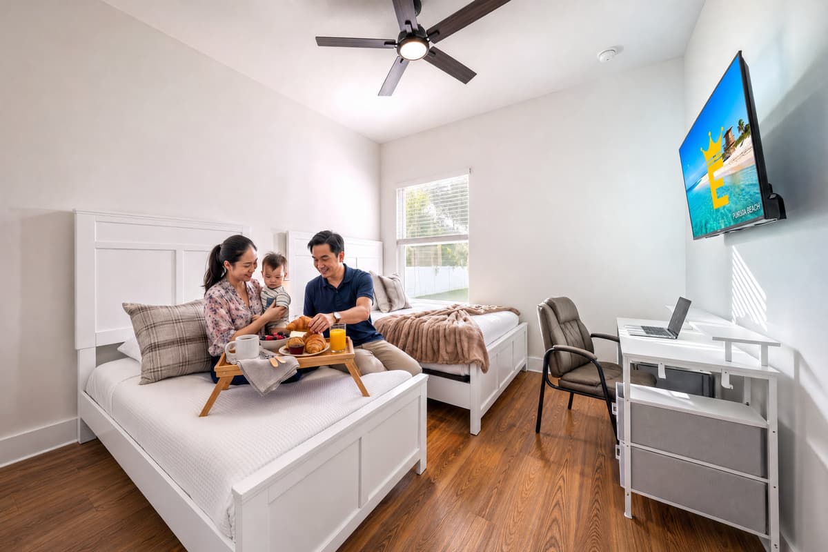 Bright bedroom with ceiling fan, blackout-ready blinds, and a workspace that doesn't feel like an afterthought