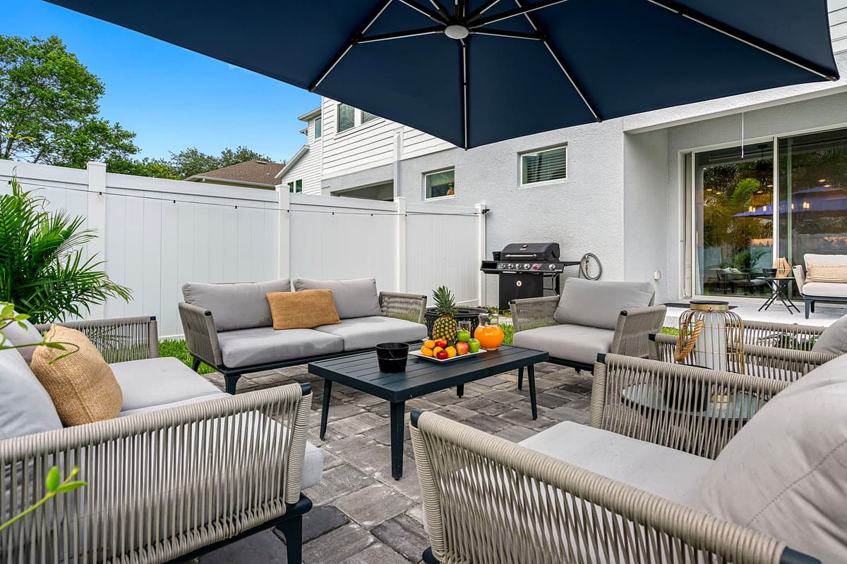 Sink into the soft cushions of the outdoor sofa or armchairs, letting the cares of the day melt away as you settle in for a moment of peace and tranquility.